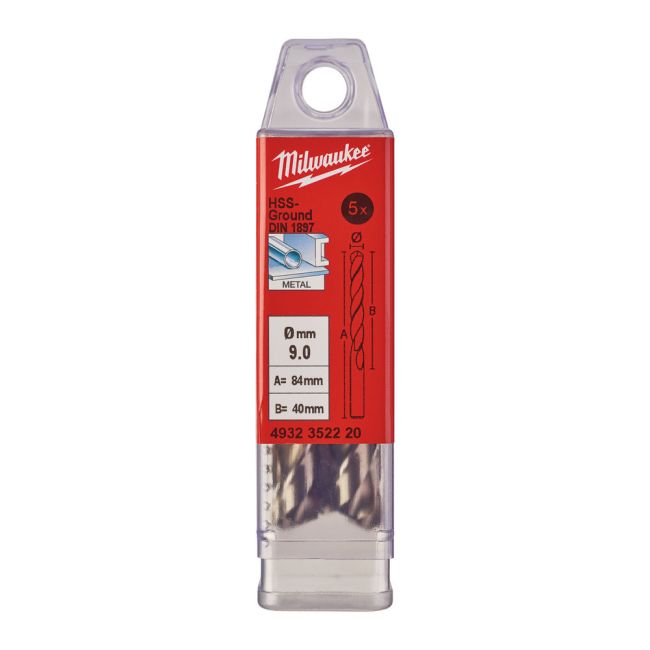 Свердло по металу HSS-G MILWAUKEE DIN1897, діаметр 9,0х84х40мм, скорочене, (5шт), пластикова коробка (4932352220)