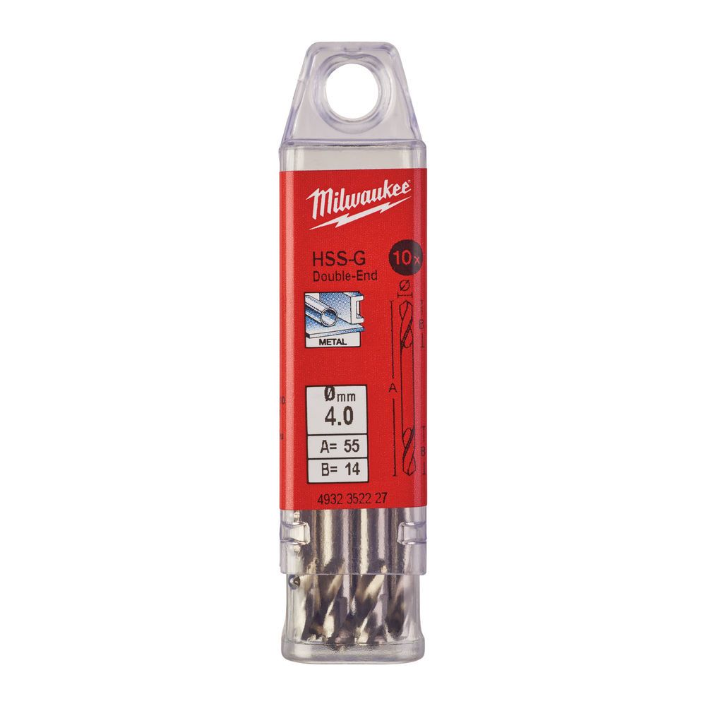 Свердло по металу HSS-G MILWAUKEE, DIN 1412 C, діаметр 4,0х55х14мм, двостороннє, (10шт), пластикова коробка (4932352227)