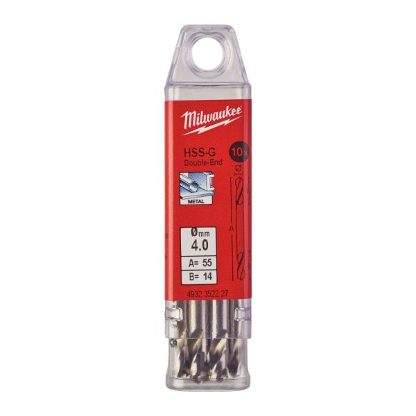 Свердло по металу HSS-G MILWAUKEE, DIN 1412 C, діаметр 4,0х55х14мм, двостороннє, (10шт), пластикова коробка (4932352227)