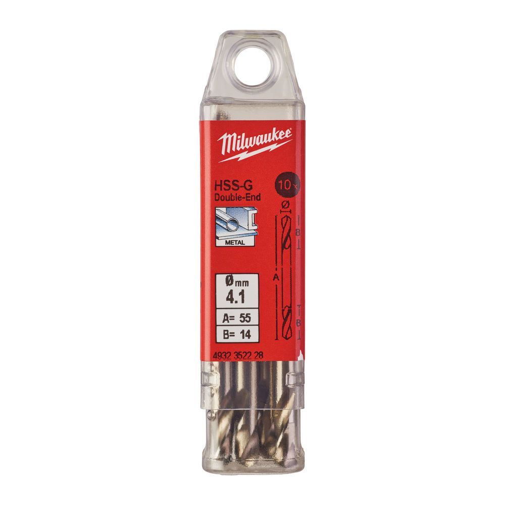 Свердло по металу HSS-G MILWAUKEE, DIN 1412 C, діаметр 4,1х55х14мм, двостороннє, (10шт), пластикова коробка (4932352228)