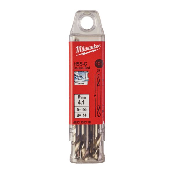 Свердло по металу HSS-G MILWAUKEE, DIN 1412 C, діаметр 4,1х55х14мм, двостороннє, (10шт), пластикова коробка (4932352228)