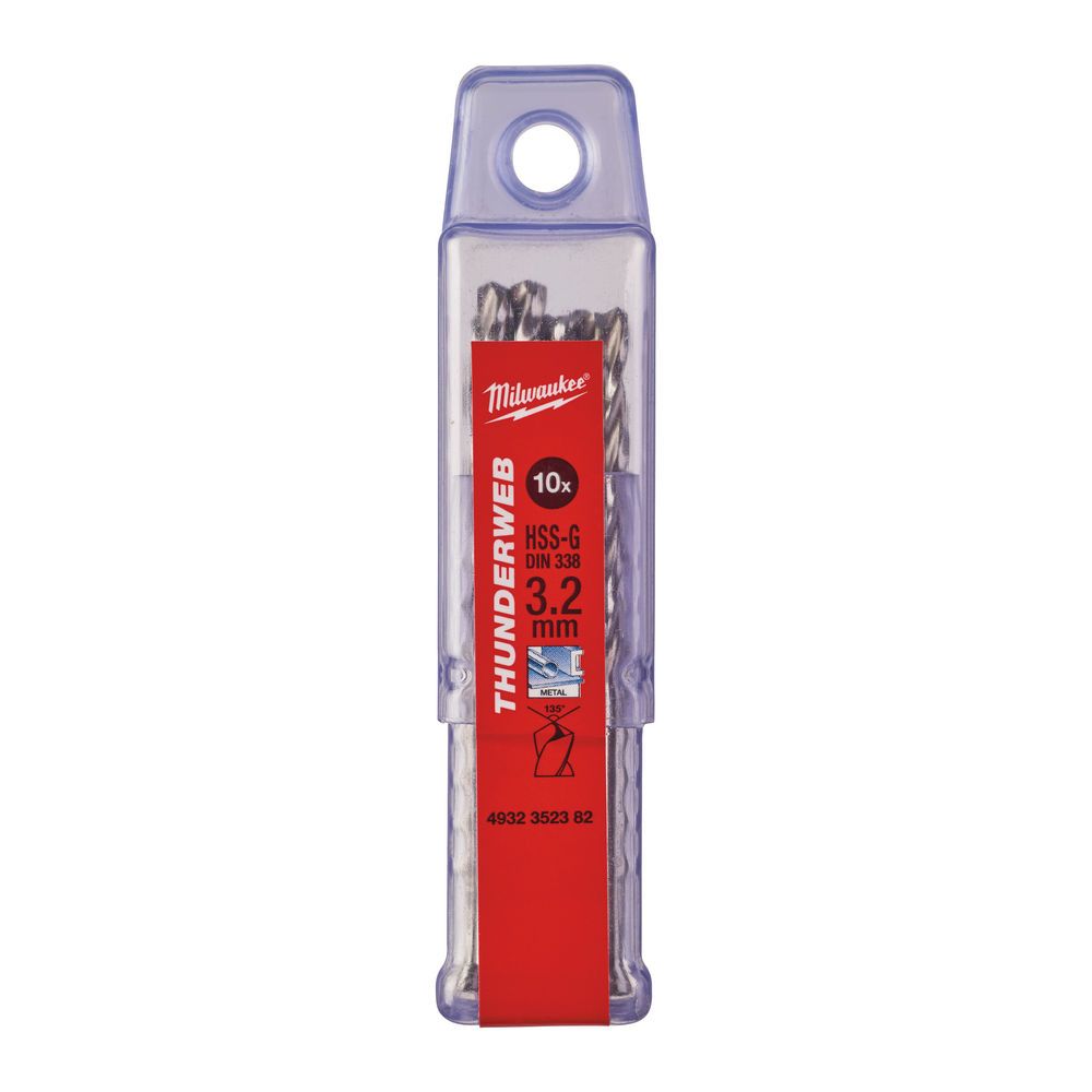 Свердло по металу THUNDERWEB HSS-G MILWAUKEE DIN338, діаметр 3,2x65х36мм, (10шт), пластикова коробка (4932352382)