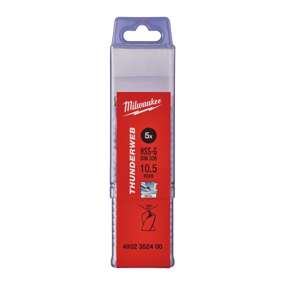 Свердло по металу THUNDERWEB HSS-G MILWAUKEE DIN338, діаметр 10,5x133х87мм, (5шт), пластикова коробка (4932352400)