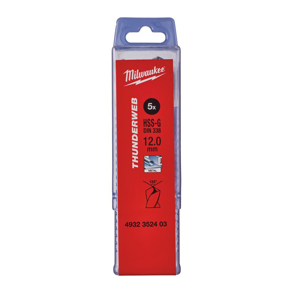 Свердло по металу THUNDERWEB HSS-G MILWAUKEE DIN338, діаметр 12,0x151х101мм, (5шт), пластикова коробка (4932352403)