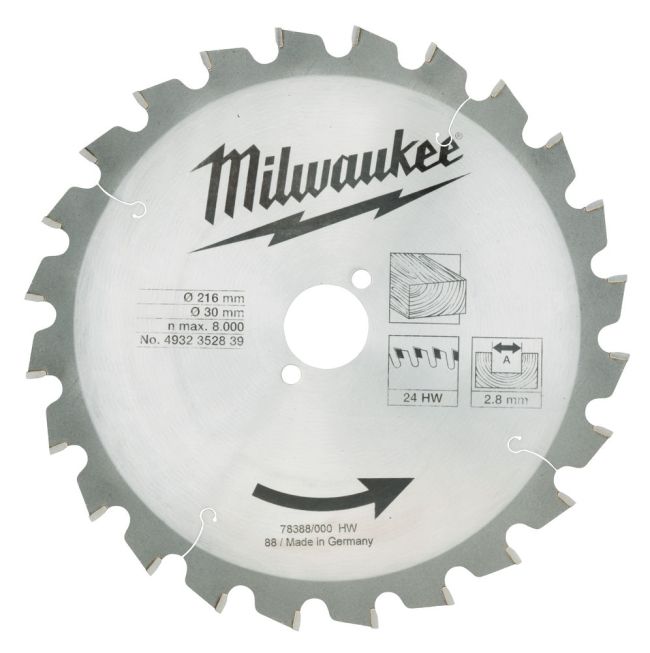 Диск пиляльний по дереву для торцювальних пил MILWAUKEE, діаметр 216х30х2,8мм, 24 зуб. (4932352839)
