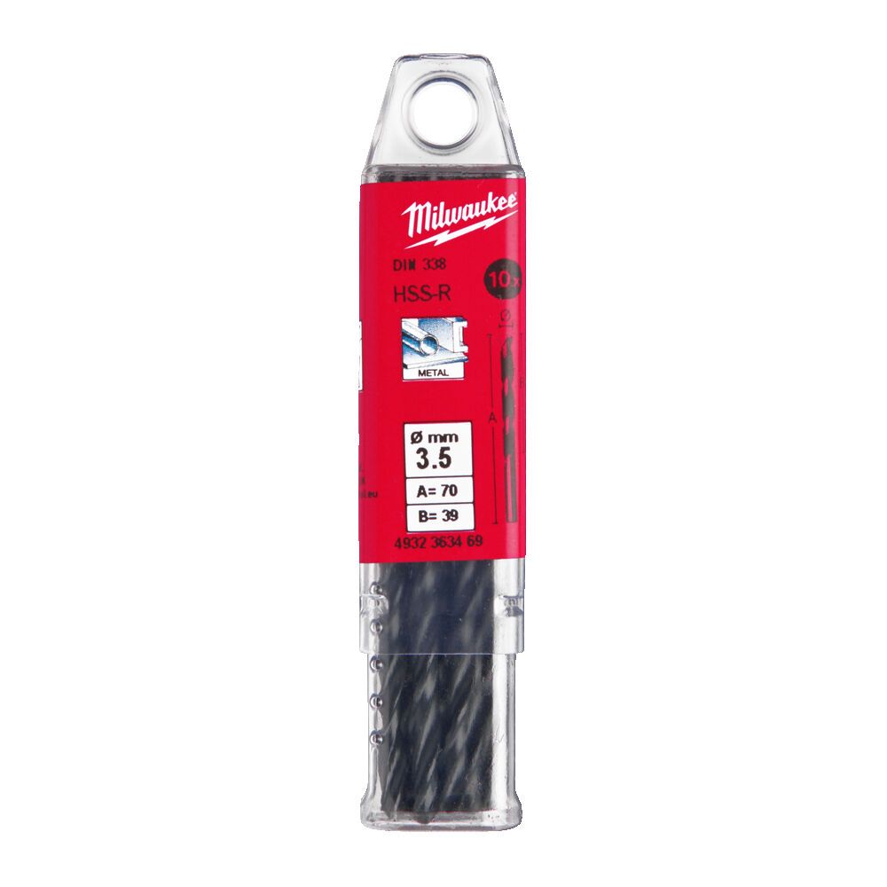 Свердло по металу HSS-R MILWAUKEE DIN338, діаметр 3,5х70х39мм, (10шт), пластикова коробка (4932363469)