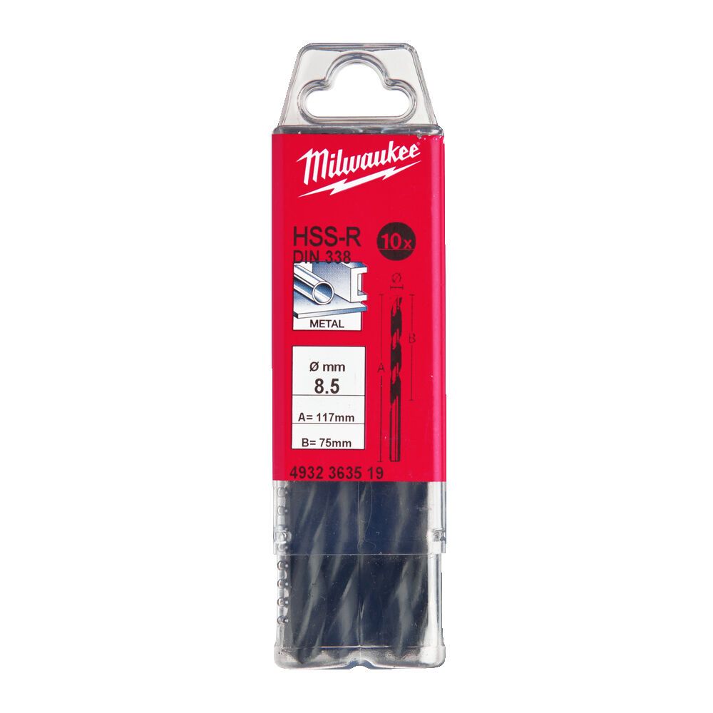 Свердло по металу HSS-R MILWAUKEE DIN338, діаметр 8,5х117х75мм, (10шт), пластикова коробка (4932363519)
