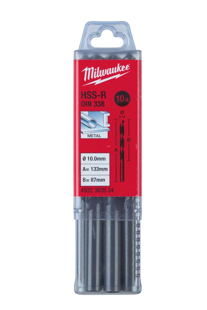 Свердло по металу HSS-R MILWAUKEE DIN338, діаметр 10,0х133х87мм, (10шт), пластикова коробка (4932363534)
