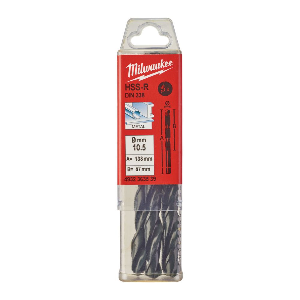 Свердло по металу HSS-R MILWAUKEE DIN338, діаметр 10,5х133х87мм, (5шт), пластикова коробка (4932363539)