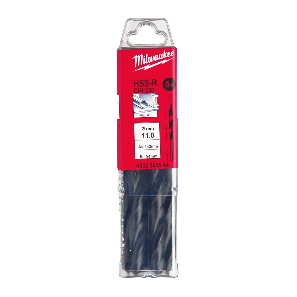 Свердло по металу HSS-R MILWAUKEE DIN338, діаметр 11,0х142х94мм, (5шт), пластикова коробка (4932363544)