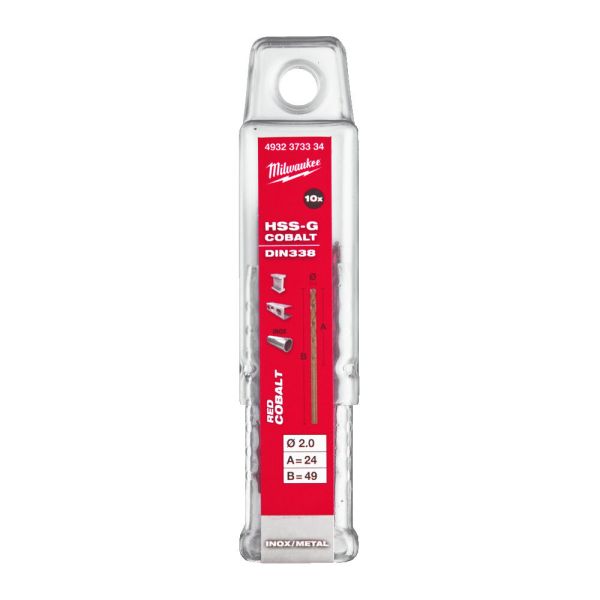 Свердло по металу HSS-Co MILWAUKEE DIN338, діаметр 2,0х49х24мм, (10шт), пластикова коробка (4932373334)