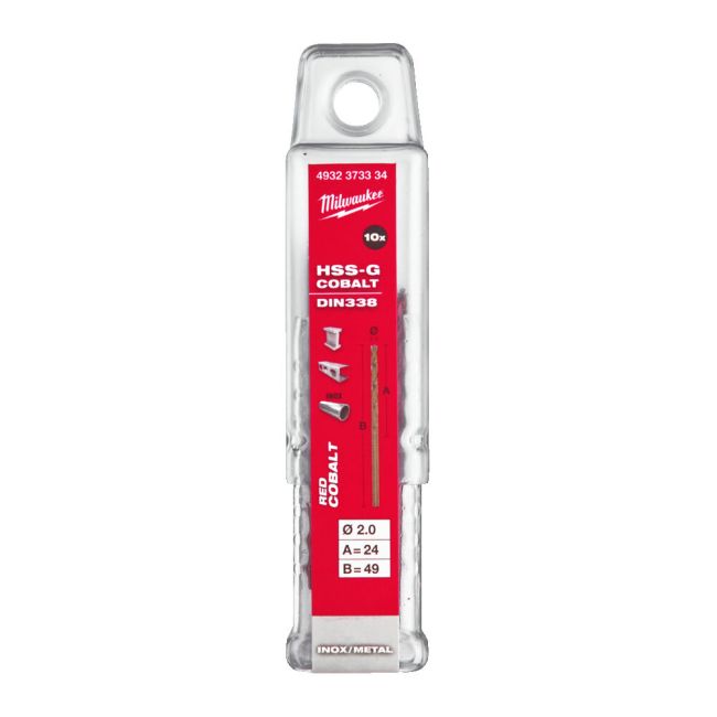 Свердло по металу HSS-Co MILWAUKEE DIN338, діаметр 2,0х49х24мм, (10шт), пластикова коробка (4932373334)