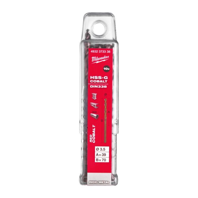 Cвердло по металу HSS-Co MILWAUKEE DIN338, діаметр 3,5х70х39мм, (10шт), пластикова коробка (4932373338)