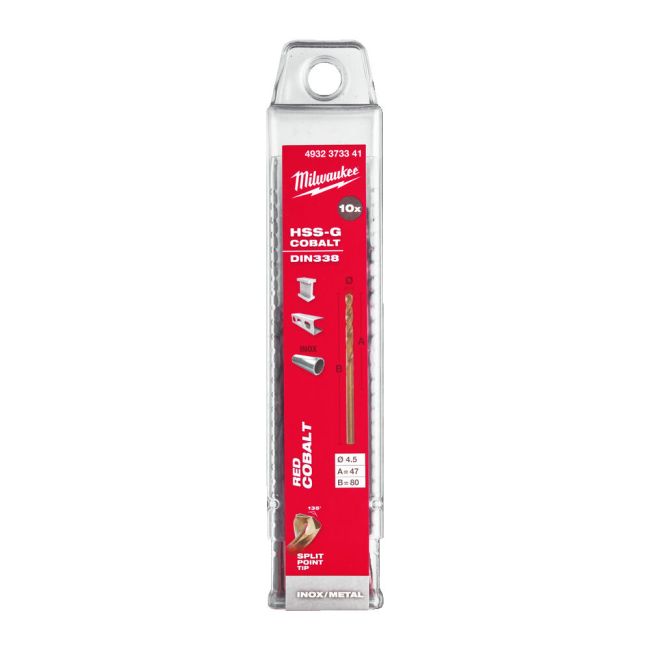 Свердло по металу HSS-Co MILWAUKEE DIN338, діаметр 4,5х80х47мм, (10шт), пластикова коробка (4932373341)