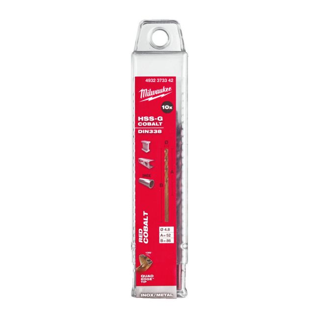 Cвердло по металу HSS-Co MILWAUKEE DIN338, діаметр 4,8х86х52мм, (10шт), пластикова коробка (4932373342)