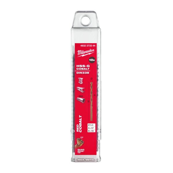 Cвердло по металу HSS-Co MILWAUKEE DIN338, діаметр 5,5х93х57мм, (10шт), пластикова коробка (4932373344)