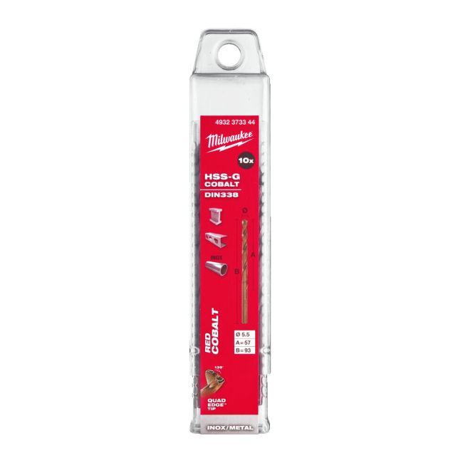Cвердло по металу HSS-Co MILWAUKEE DIN338, діаметр 5,5х93х57мм, (10шт), пластикова коробка (4932373344)