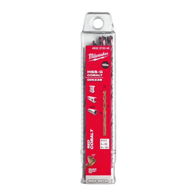Свердло по металу HSS-Co MILWAUKEE DIN338, діаметр 6,5х101х63мм, (10шт), пластикова коробка (4932373346)
