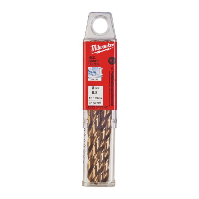 Свердло по металу HSS-Co MILWAUKEE DIN338, діаметр 6,8х109х69мм, (5шт), пластикова коробка (4932373347)