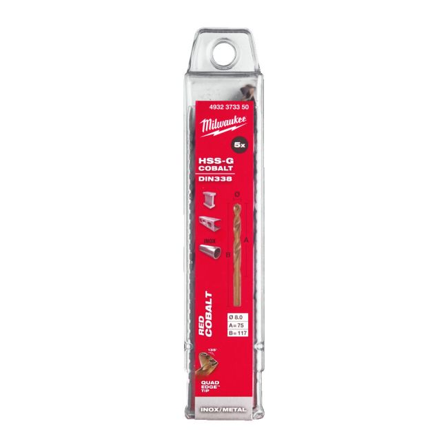 Свердло по металу HSS-Co MILWAUKEE DIN338, діаметр 8,0х117х75мм, (5шт), пластикова коробка (4932373350)