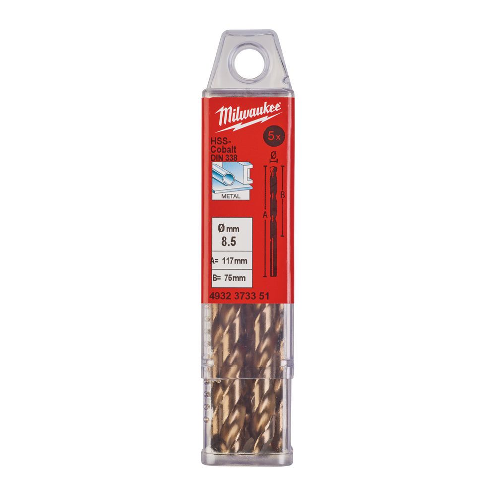 Свердло по металу HSS-Co MILWAUKEE DIN338, діаметр 8,5х117х75мм, (5шт), пластикова коробка (4932373351)