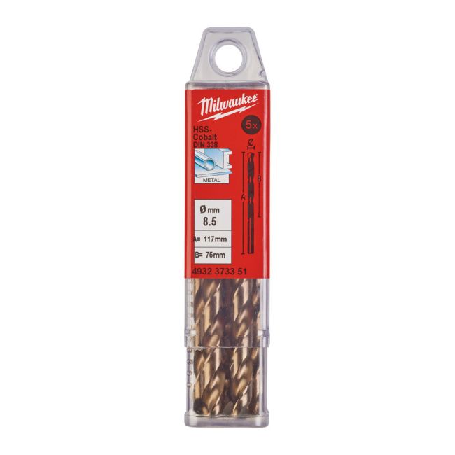 Свердло по металу HSS-Co MILWAUKEE DIN338, діаметр 8,5х117х75мм, (5шт), пластикова коробка (4932373351)