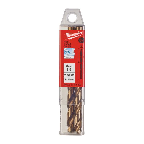 Cвердло по металу HSS-Co MILWAUKEE DIN338, діаметр 9.0х125х83мм (5шт), пластикова коробка (4932373352)