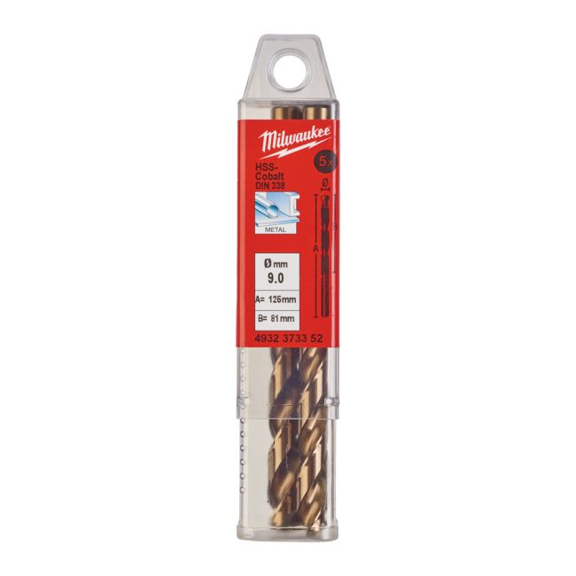 Cвердло по металу HSS-Co MILWAUKEE DIN338, діаметр 9.0х125х83мм (5шт), пластикова коробка (4932373352)
