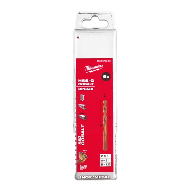 Свердло по металу HSS-Co MILWAUKEE DIN338, діаметр 9,5х125х83мм, (5шт), пластикова коробка (4932373353)