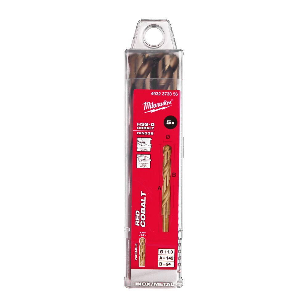 Свердло по металу HSS-Co MILWAUKEE DIN338, діаметр 11,0х142х94мм, (5шт), пластикова коробка (4932373356)