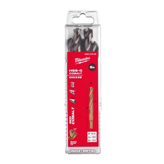 Свердло по металу HSS-Co MILWAUKEE DIN338, діаметр 12,5х150х101мм, (5шт), пластикова коробка (4932373359)
