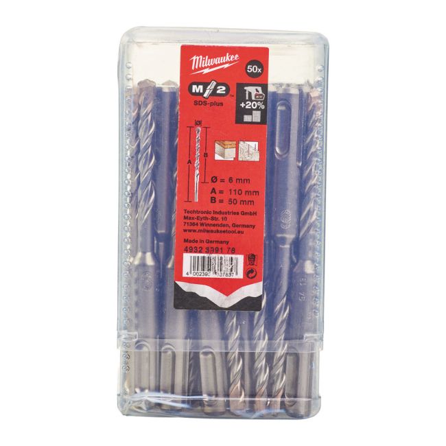 Бур SDS-PLUS M2 MILWAUKEE, діаметр 6,0х110х50мм, (50шт), пластикова коробка (4932399178)