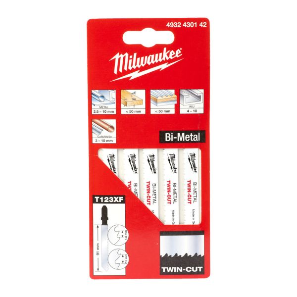 Полотна для лобзиків T123XF Bi-Metal TWIN CUT MILWAUKEE, 91х2,5/1,8 мм, (5шт), (універсальні) (4932430142)