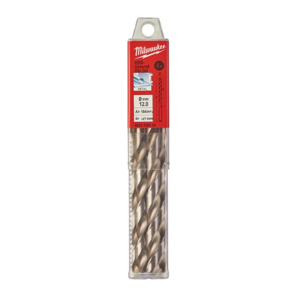 Свердло по металу HSS-G MILWAUKEE DIN340, діаметр 12,0x205х134мм, подовжене, (5шт), пластикова коробка (4932430343)