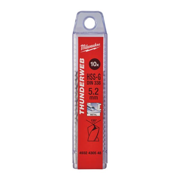 Свердло по металу THUNDERWEB HSS-G MILWAUKEE DIN338, діаметр 5,2x86х52мм, (10шт) пластикова коробка (4932430548)