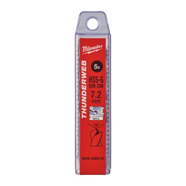 Свердло по металу THUNDERWEB HSS-G MILWAUKEE DIN338, ?7,2x109х69мм, (5шт), пластикова коробка (4932430551)