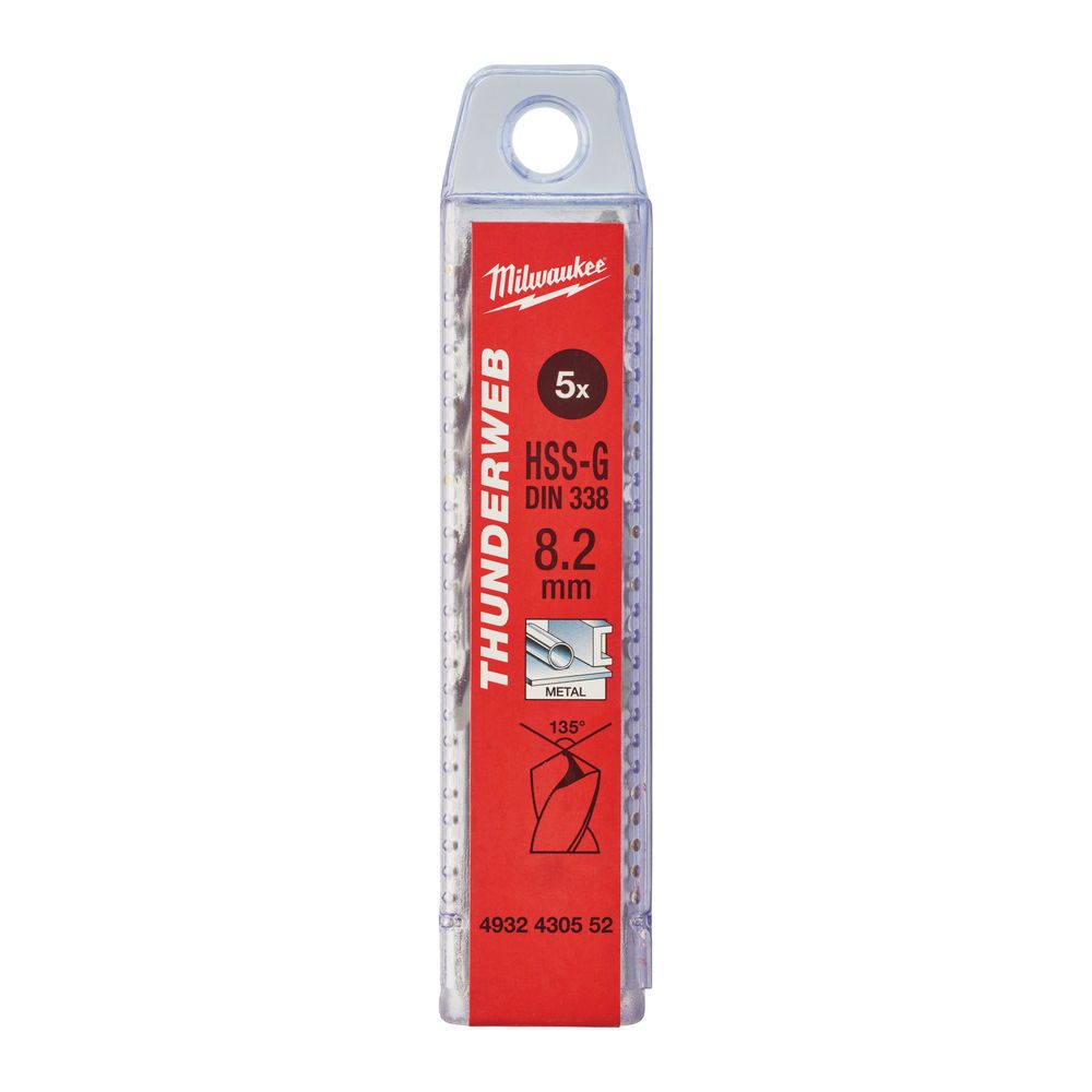 Свердло по металу THUNDERWEB HSS-G MILWAUKEE DIN338, діаметр 8,2x117х75мм, (5шт), пластикова коробка (4932430552)