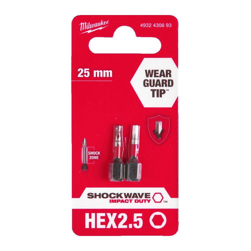 Біта SHOCKWAVE MILWAUKEE, Hex2,5, 25мм, (2шт) (4932430893)