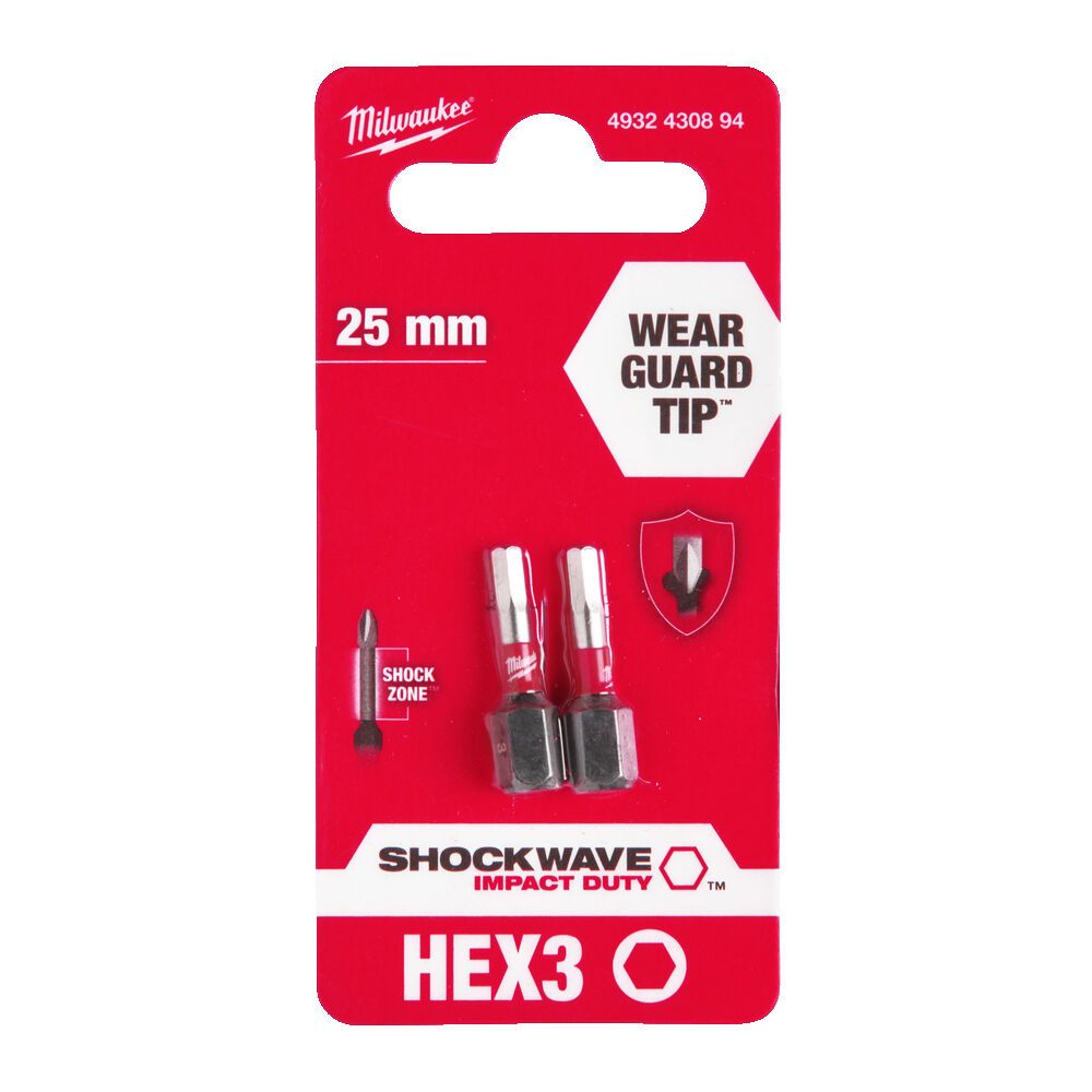 Біта SHOCKWAVE MILWAUKEE, Hex3, 25мм, (2шт) (4932430894)