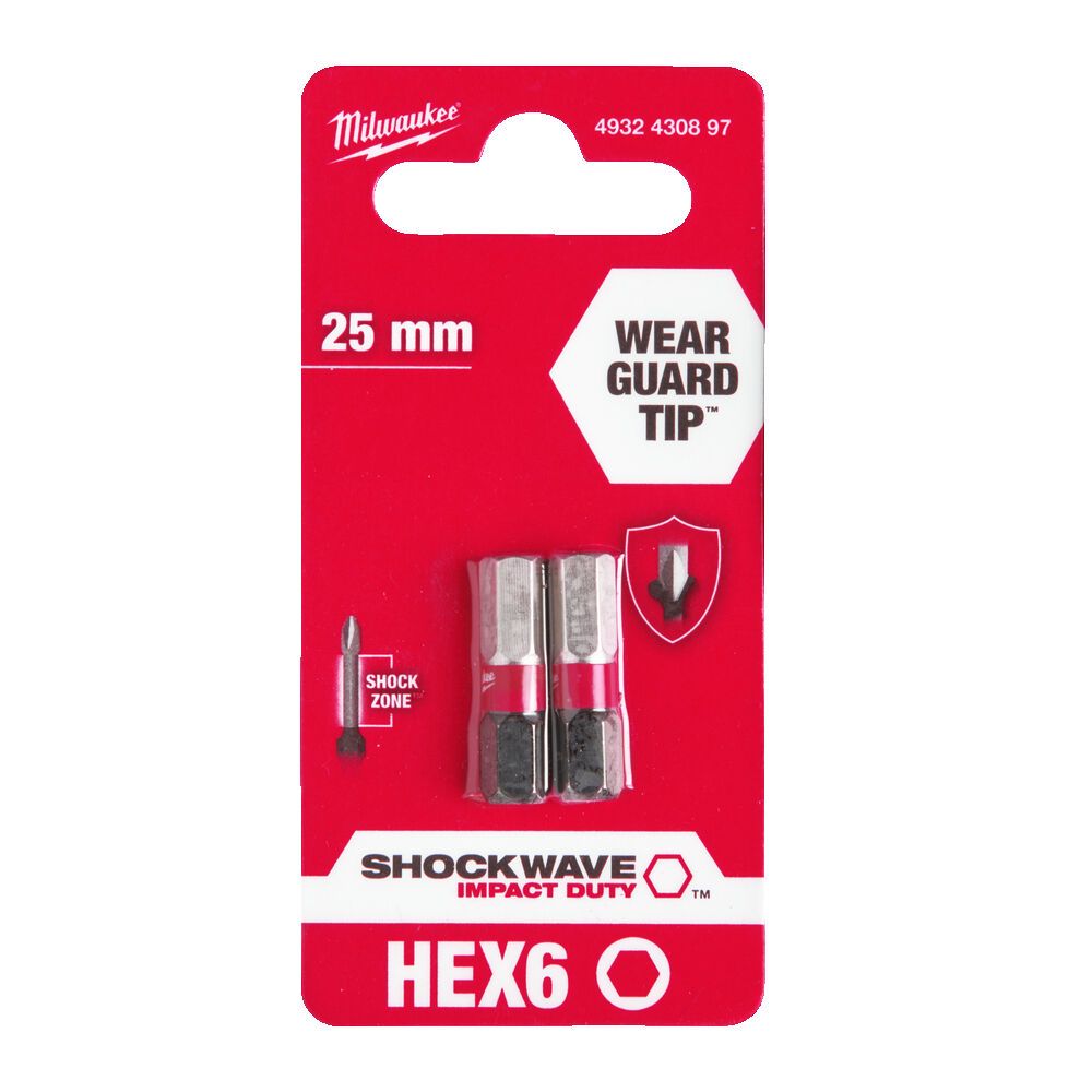 Біта SHOCKWAVE MILWAUKEE, Hex6, 25мм, (2шт) (4932430897)