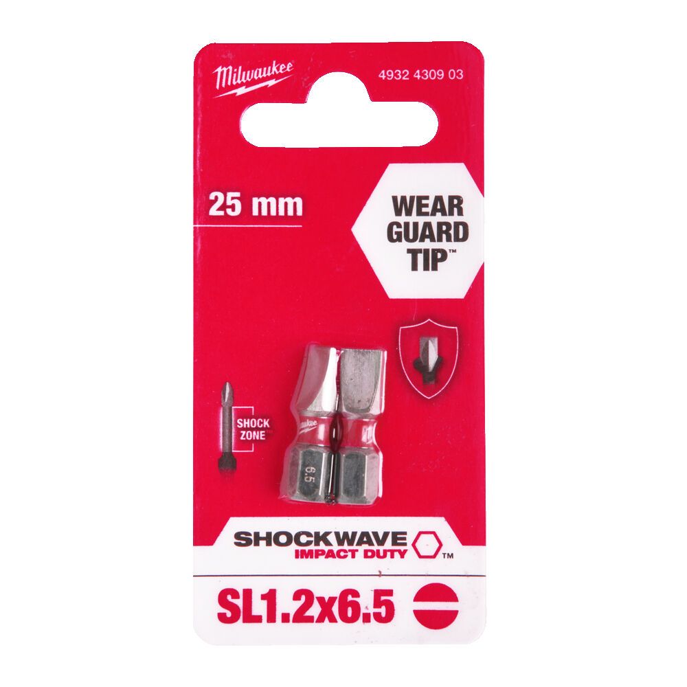 Біта SHOCKWAVE MILWAUKEE, SL1,2x6,5, 25мм, (2шт) (4932430903)