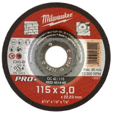 Диск відрізний по каменю MILWAUKEE, CC 42/115х3 PRO+, діаметр 115мм (4932451499)