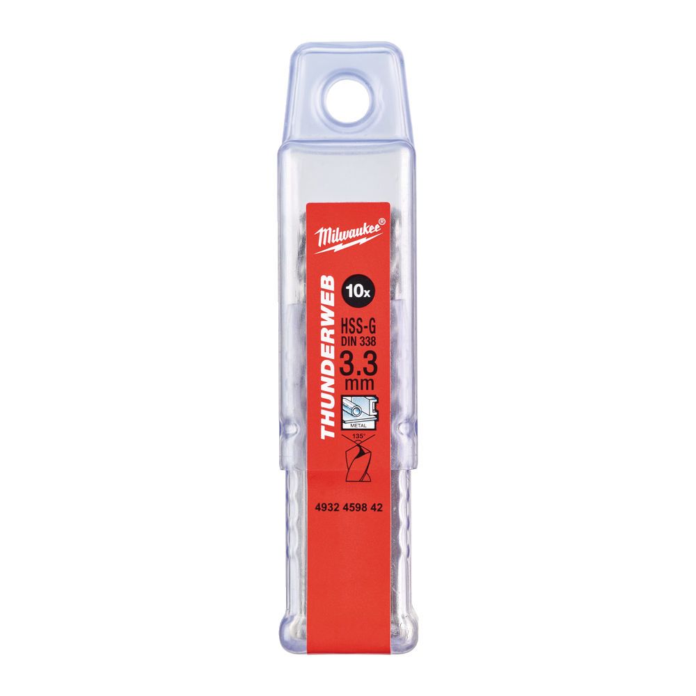 Свердло по металу THUNDERWEB HSS-G MILWAUKEE DIN338, діаметр 3,3х65х36мм, (10шт), пластикова коробка (4932459842)