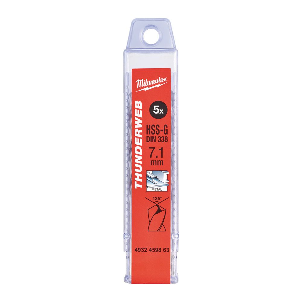 Свердло по металу THUNDERWEB HSS-G MILWAUKEE DIN338, діаметр 7,1х109х69мм, (5шт), пластикова коробка (4932459863)