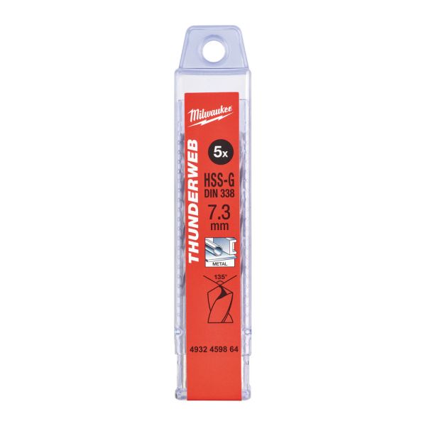 Свердло по металу THUNDERWEB HSS-G MILWAUKEE DIN338, діаметр 7,3х109х69мм, (5шт), пластикова коробка (4932459864)