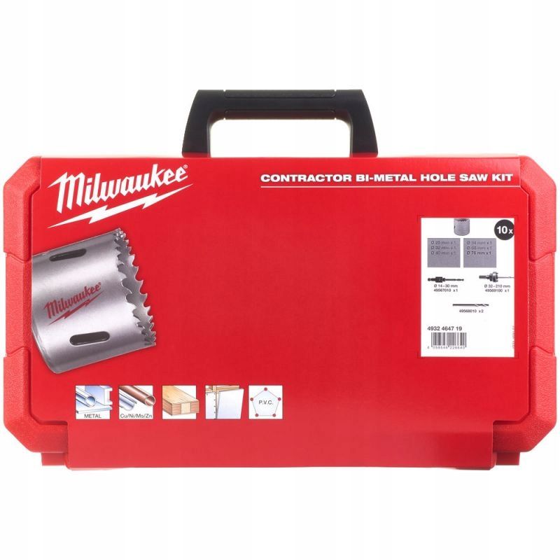 Набір коронок Holesaw BiM Contractor MILWAUKEE Set 1 (?25/32/40/54/68/76мм) (10шт.), пластиковий кейс (4932464719)