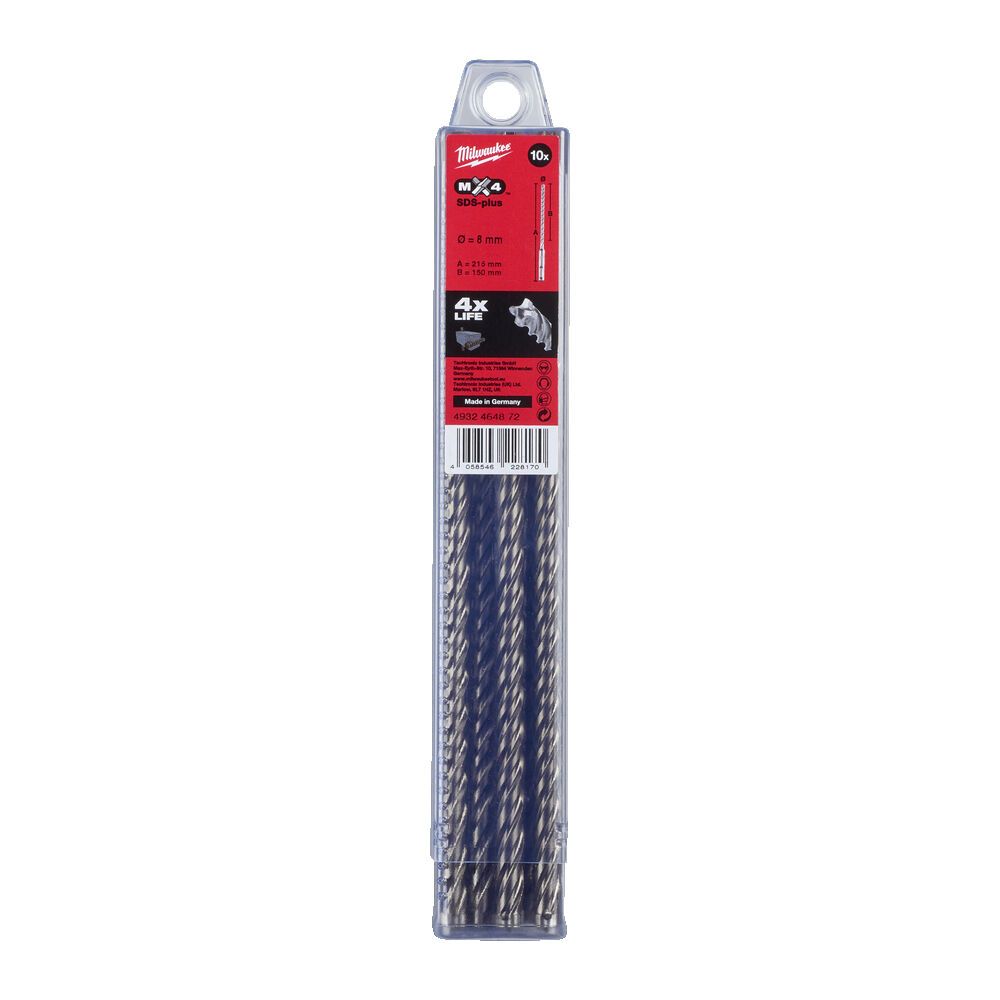 Бур SDS-PLUS MX4 MILWAUKEE, діаметр 8,0х215х150мм, (10шт), пластикова коробка (4932464872)