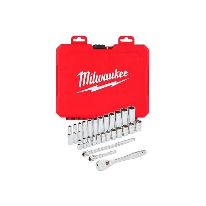 Набір головок торцевих хромованих 3/8'' MILWAUKEE, з тріскачкою, (32шт), пластиковий кейс (4932464945)