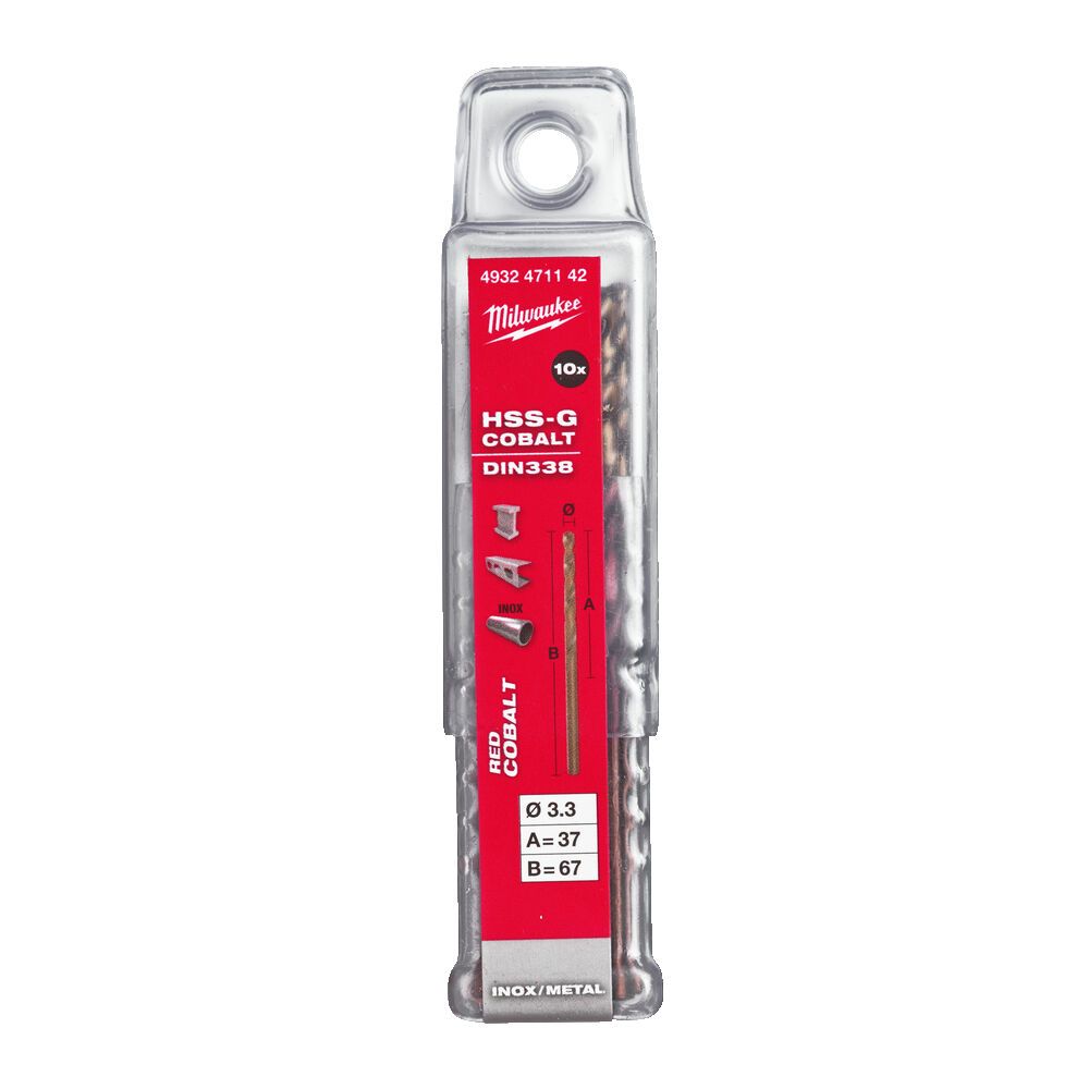 Свердло по металу HSS-Co MILWAUKEE DIN338, діаметр 3,3х67х37мм, (10шт), пластикова коробка (4932471142)