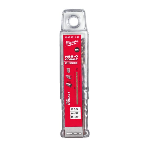 Свердло по металу HSS-Co MILWAUKEE DIN338, діаметр 3,3х67х37мм, (10шт), пластикова коробка (4932471142)